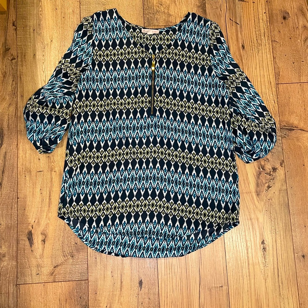 Dress Barn Blouse Navy, blue, with green accents
